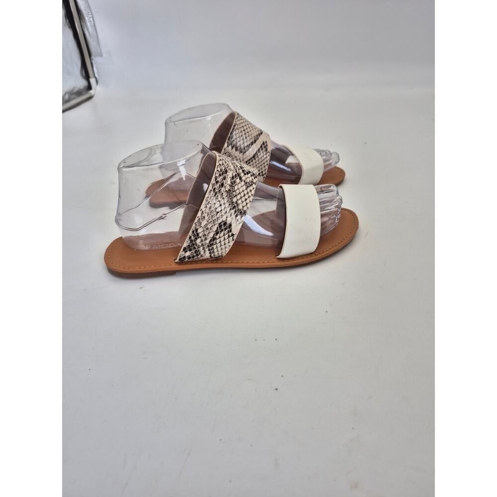Top Moda Women's Size 8 Two Strap Animal Print Slide Sandals White